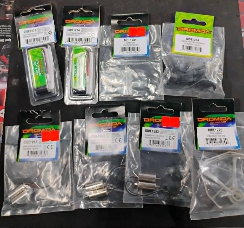 Dromida Hovershot FPV drone replacement parts, sealed in multiple blister packs