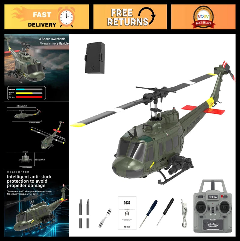 Olive green RC helicopter drone with landing skids, 6-CH gyro stabilized, with controller