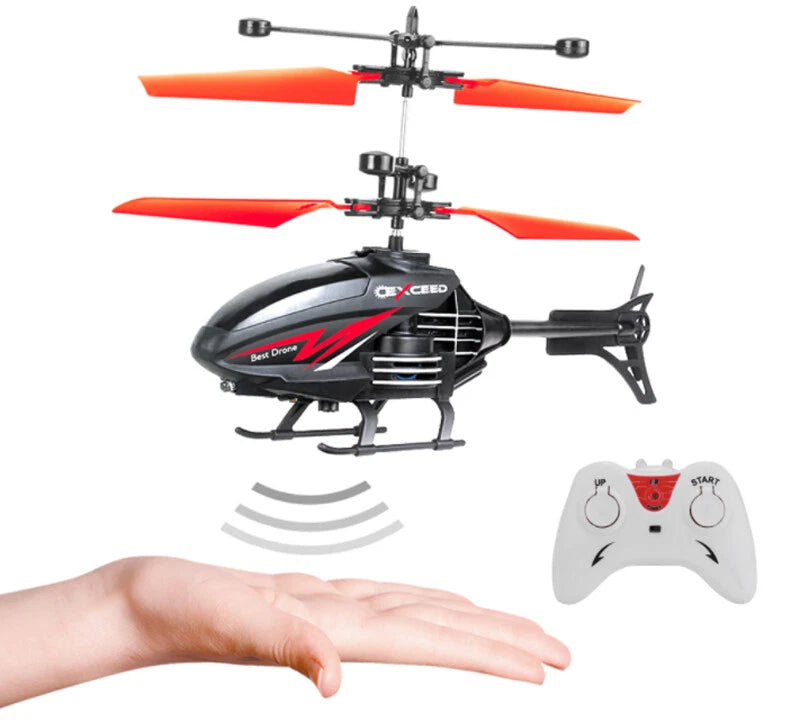 RC helicopter drone, black and orange, with remote control and anti-collision sensor