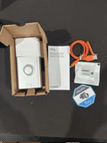 Satin nickel wireless video doorbell with Ring logo, open box and accessories