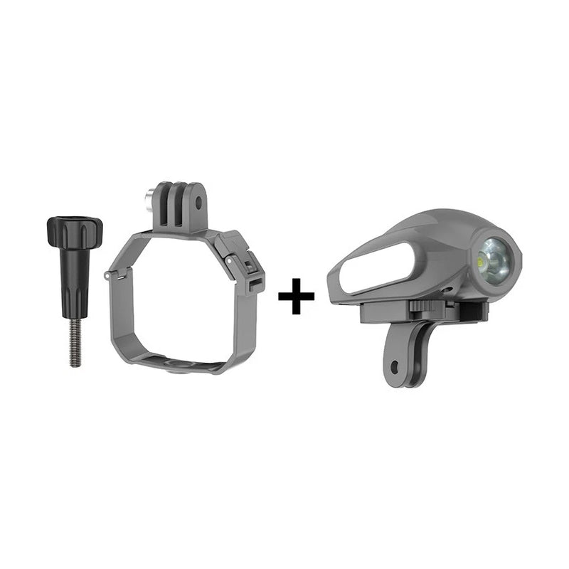 Drone mount for spotlight and strobe light, gray bracket with LED lamp module
