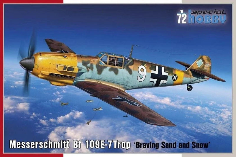1:72 scale Messerschmitt Bf 109E-7 Trop model box art, yellow-and-blue fighter plane