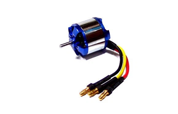 RC brushless outrunner motor with blue housing, metal shaft, and 3-wire lead