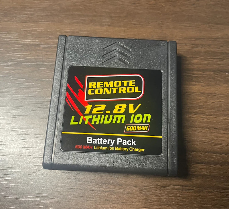 12.8V 600mAh lithium-ion battery pack with Remote Control label on rectangular housing