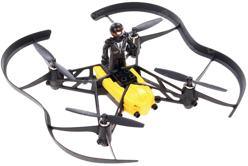Quad-copter drone with black frame and four propellers, yellow central camera module