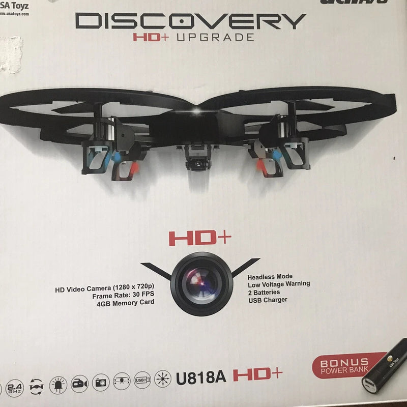 HD+ quadcopter drone with camera, four propellers and mounted front lens