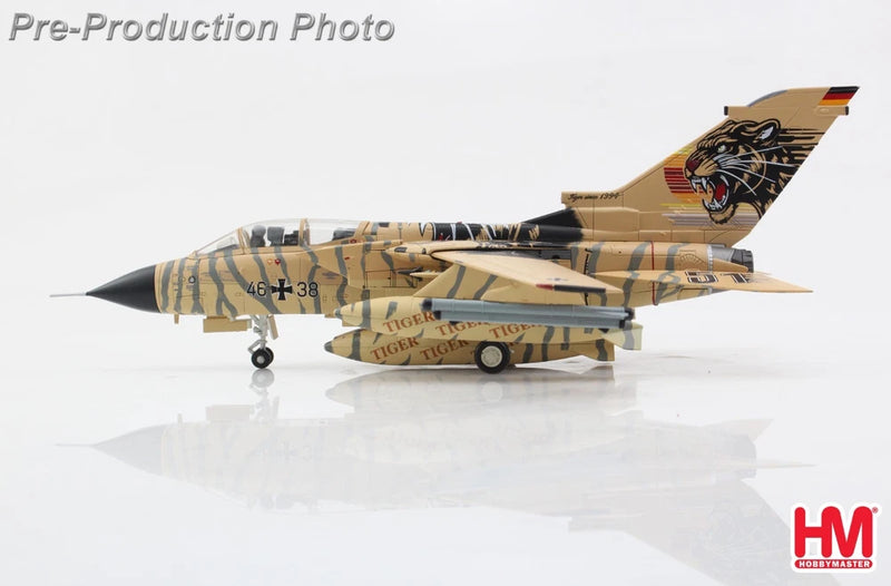 1/72 scale Luftwaffe jet model in tan camouflage with tiger nose art and dark canopy