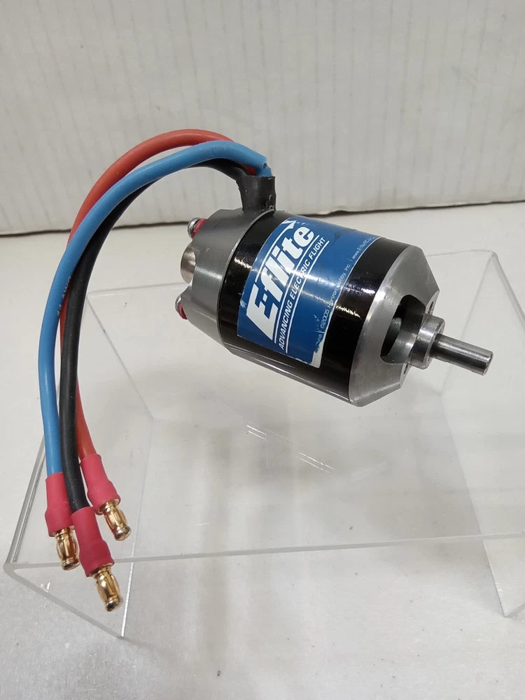 Brushless outrunner motor with front shaft, blue/red leads, and E-Flite label