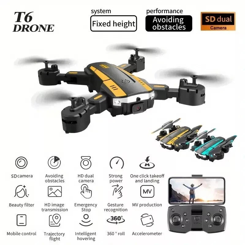 HD Dual Camera Drone, Zoom, Optical Flow, Real-Time Transmission T6 yellow