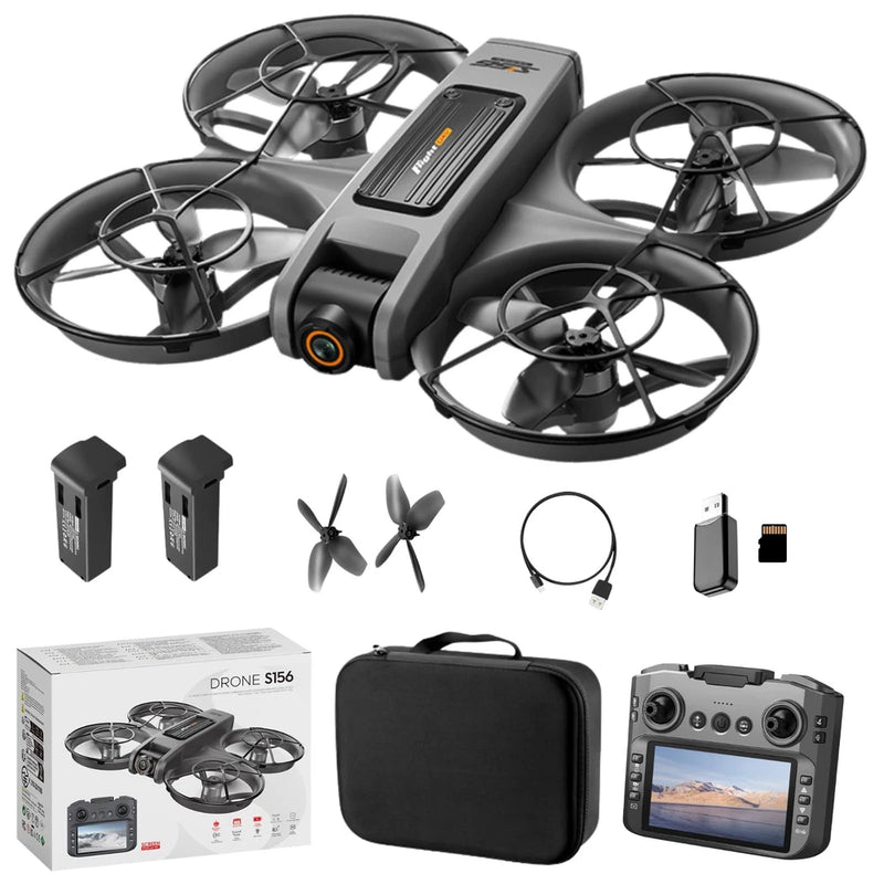 Black FPV quadcopter drone with dual cameras, controller with screen, and spare batteries.