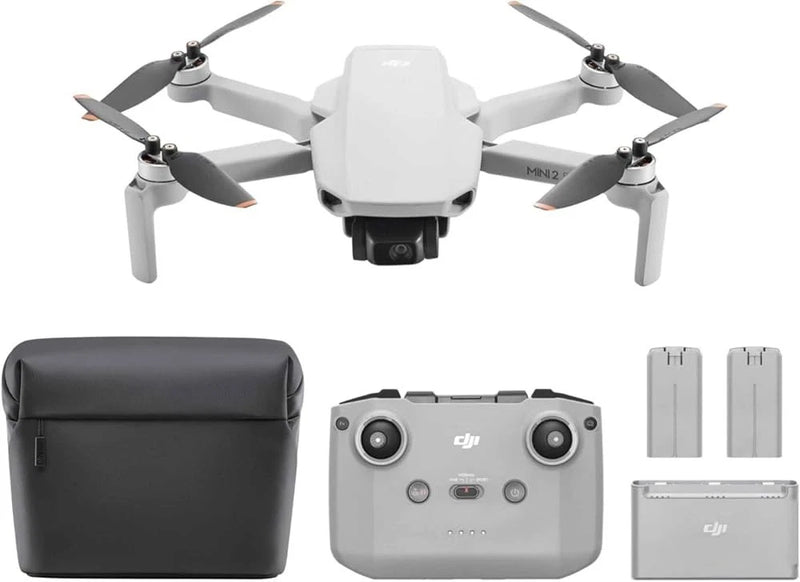 DJI Mini 2 SE drone kit with controller, 3 batteries, and black carrying bag
