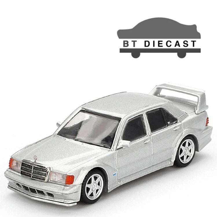1/64 silver die-cast Mercedes-Benz 190E model car, front three-quarter view