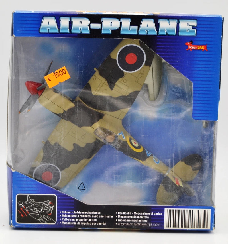 1/72 die-cast airplane model in retail box, gray and tan camouflage with red markings