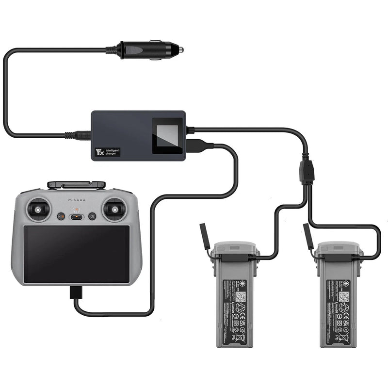 Car charger accessory with digital display, cable splitter, and battery charging ports