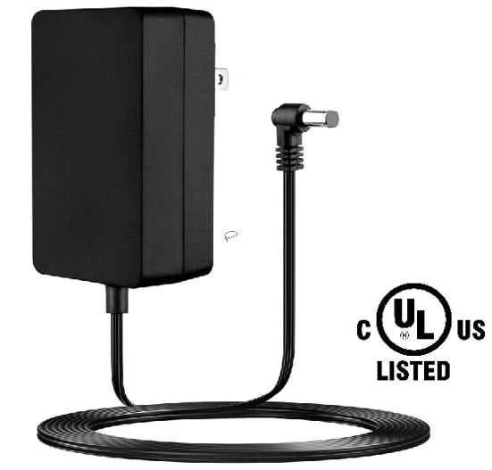 Black AC-DC power adapter with cable and plug, UL Listed
