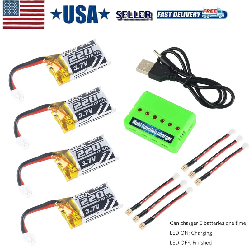 4x3.7V 220mAh LiPo Battery 35C with 6 in 1 Charger and Cable for E010 JJRC H36 Battery