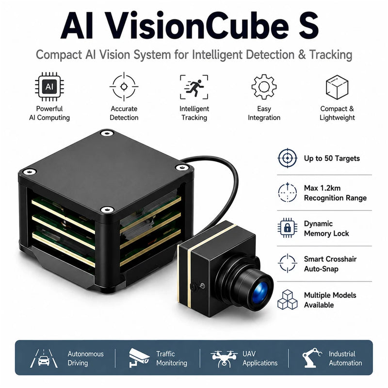 Black AI vision cube with dual side slots and attached camera module with cable