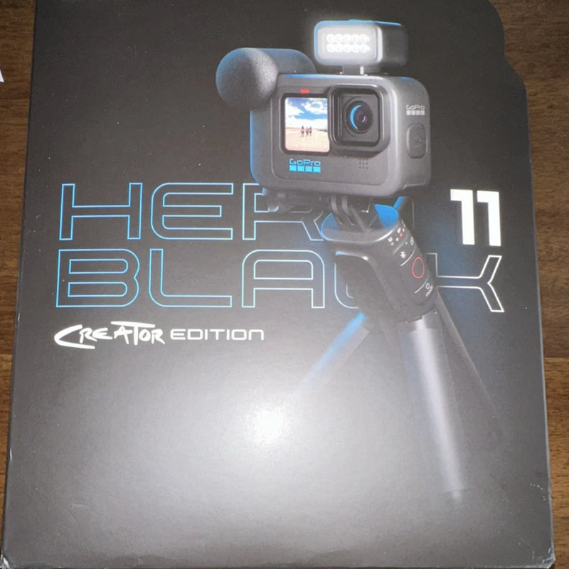 GoPro HERO11 Creator Edition action camera kit box, black camera with front light bar