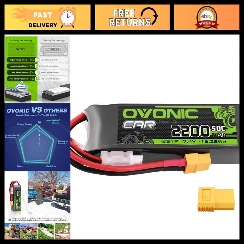 2200mAh 7.4V 2S Lipo Battery 50C Soft Case XT60 TRX Connector for RC Vehicles Battery
