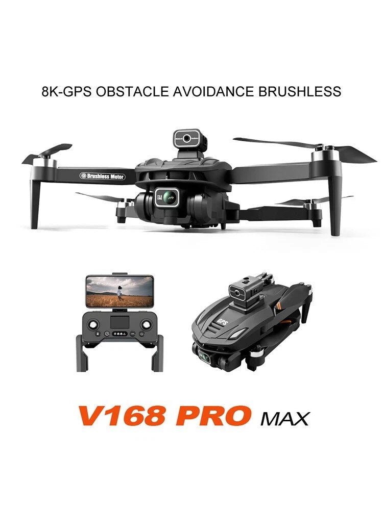FPV drone with front gimbal camera, four propellers, and foldable landing legs