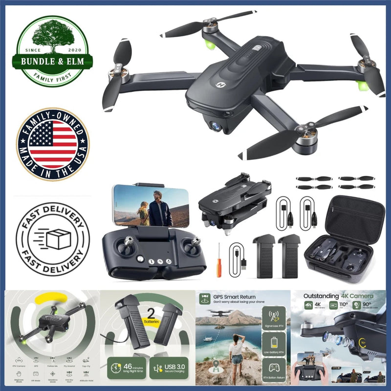 GPS drone with 4K camera, foldable arms, remote controller and spare parts set
