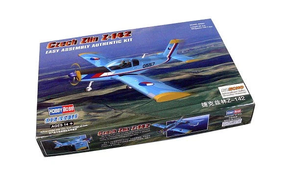 HobbyBoss 1/72 Zlin Z-142 aircraft model kit box, blue and yellow art