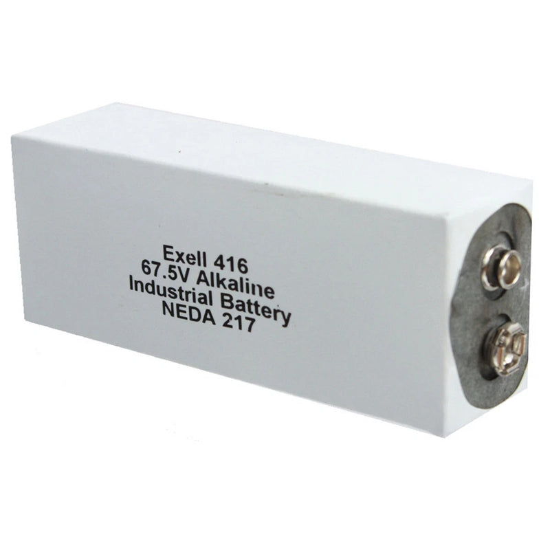 Industrial alkaline battery pack with terminals, labeled Exell 416, 67.5V (NEDA 217)