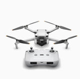 DJI Mini 3 drone with four propellers and camera gimbal, plus white controller