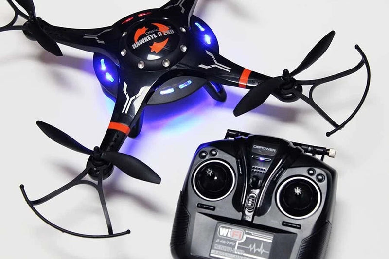 Black quadcopter drone with camera, four propellers and blue LED lights