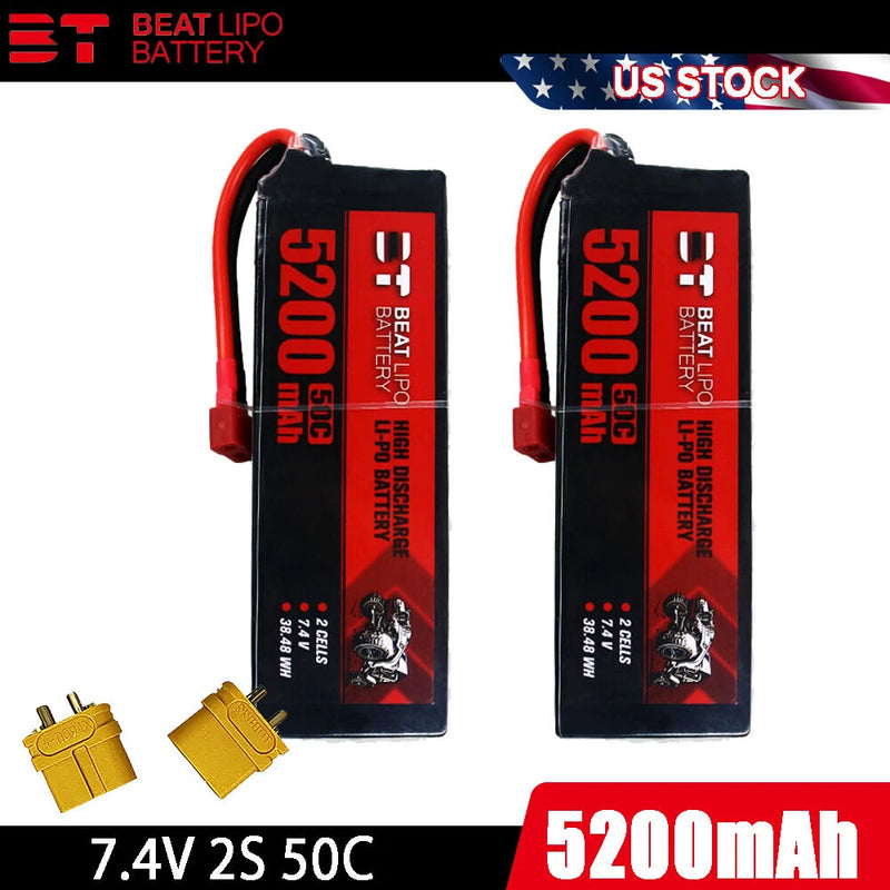 2Pcs 5200mAh 2S 50C LiPo Battery T-Deans Plug Hard Case for RC Car Truck Racing Battery