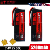 2Pcs 5200mAh 2S 50C LiPo Battery T-Deans Plug Hard Case for RC Car Truck Racing Battery
