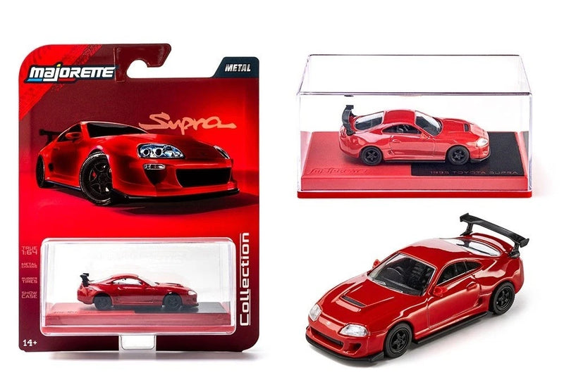 Red 1:64 scale Toyota Supra model car in retail blister pack