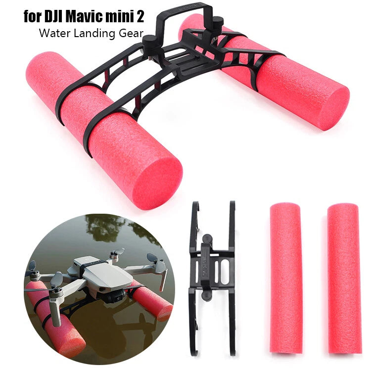 Water landing gear buoyancy kit with red foam floats and mounting frame for drone