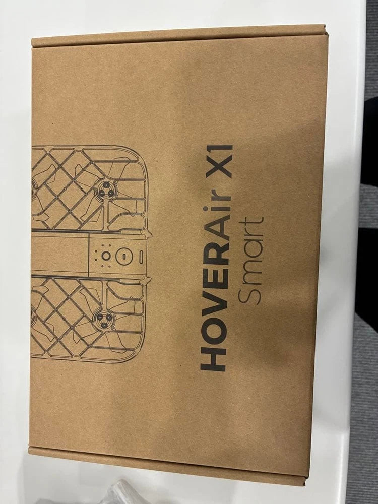 Hoverair X1 smart drone shipping box with printed drone diagram and branding