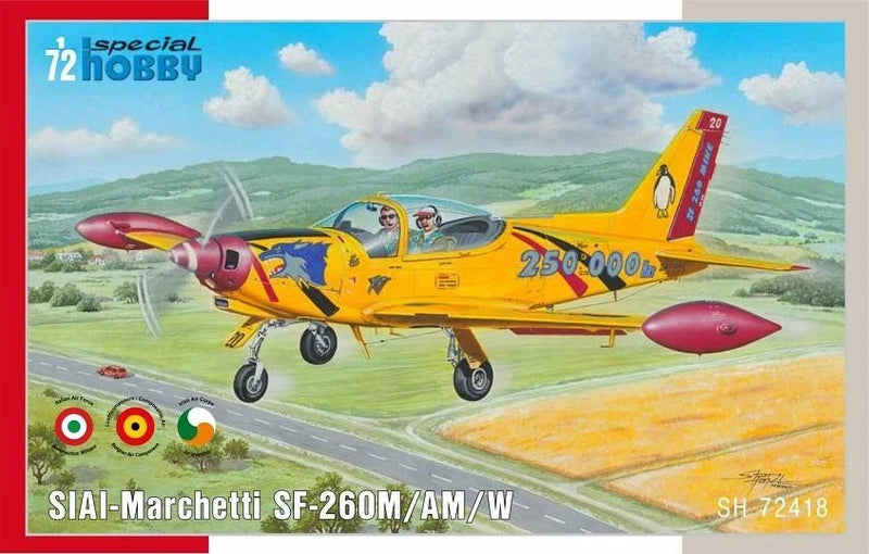 1:72 SF-260M model aircraft kit, yellow and red single-engine plane, box art