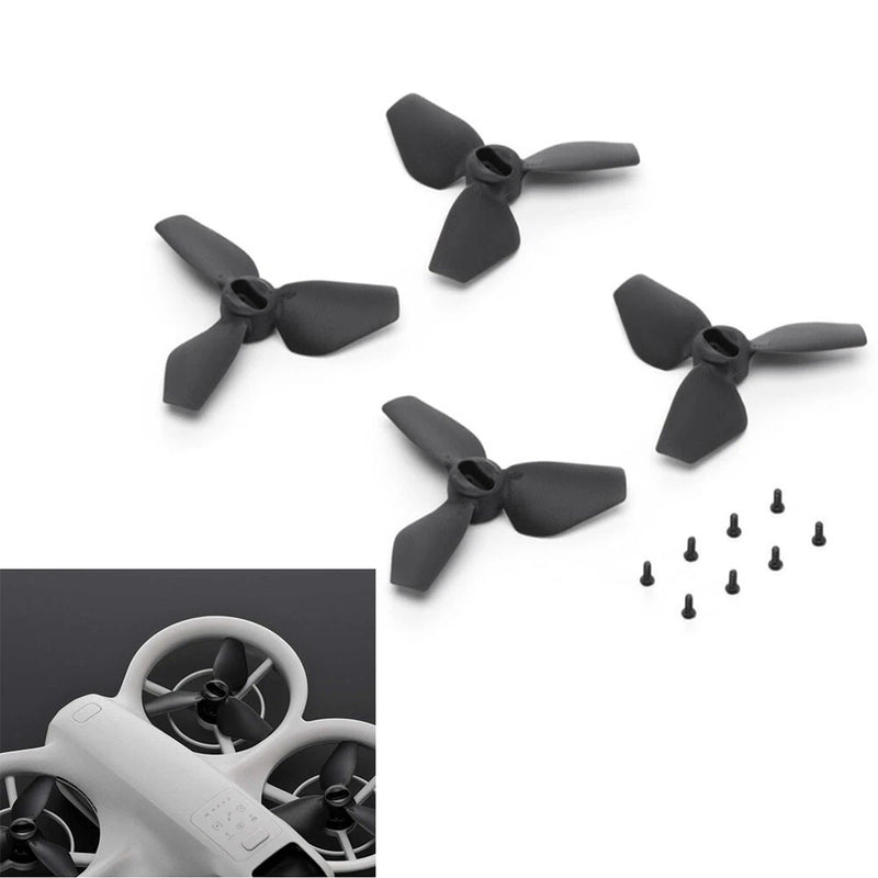 Drone propeller blade set with 4 black blades and mounting screws