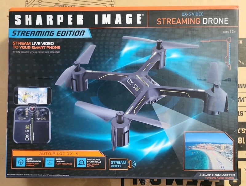 Sharper Image DX-5 HD streaming drone box with quadcopter artwork and live video streaming edition