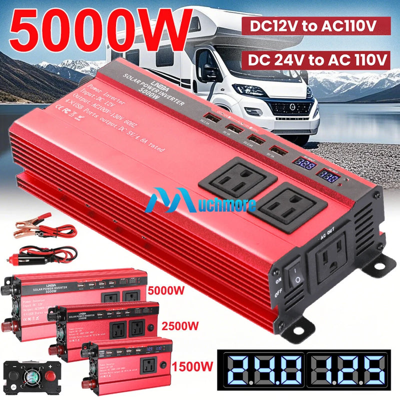 5000W Car Power Inverter DC 12V 24V To AC 110V Sine Wave Solar Converter 4 USB
