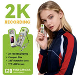 2K mini thumb camera with keychain, compact handheld design, small screen and lens