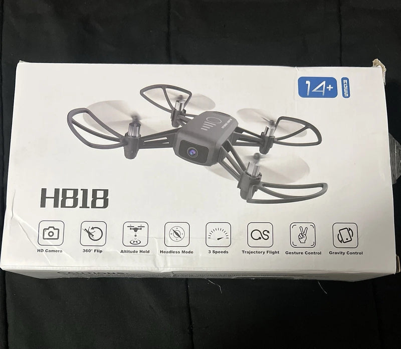 Mini HD camera quadcopter drone box with drone illustration and 14+ label