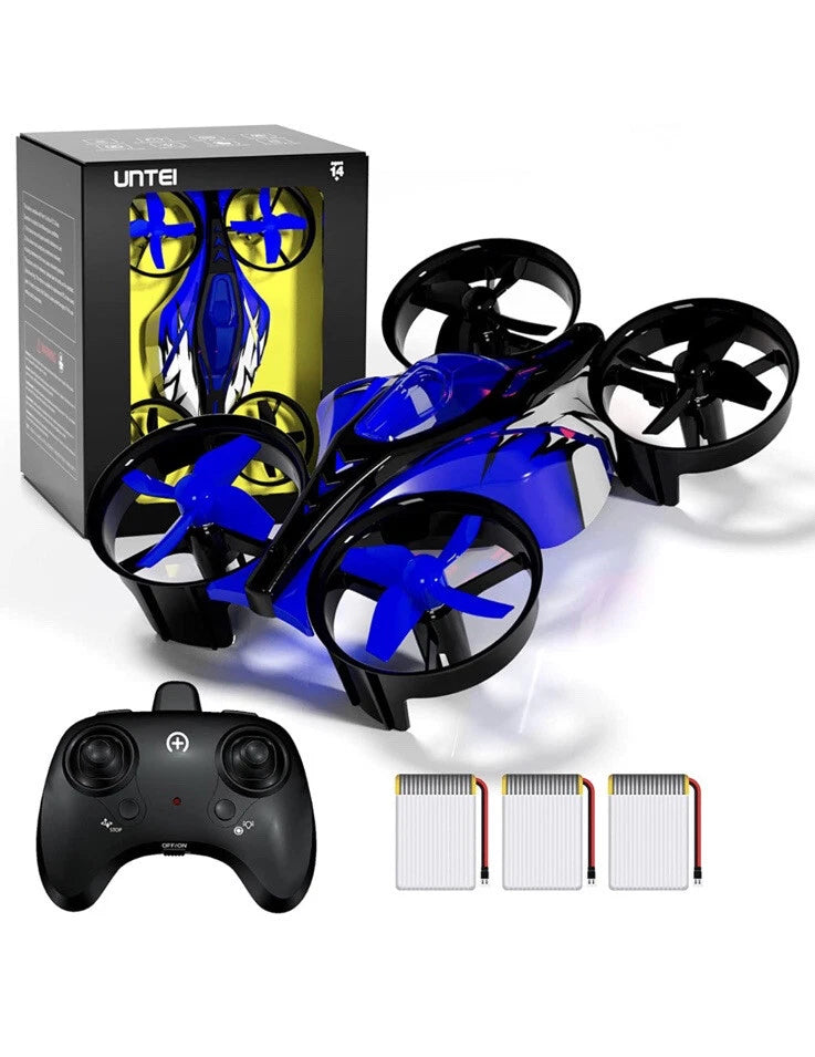 Blue 2-in-1 mini drone kit for kids with quadcopter, controller, and 3 battery packs