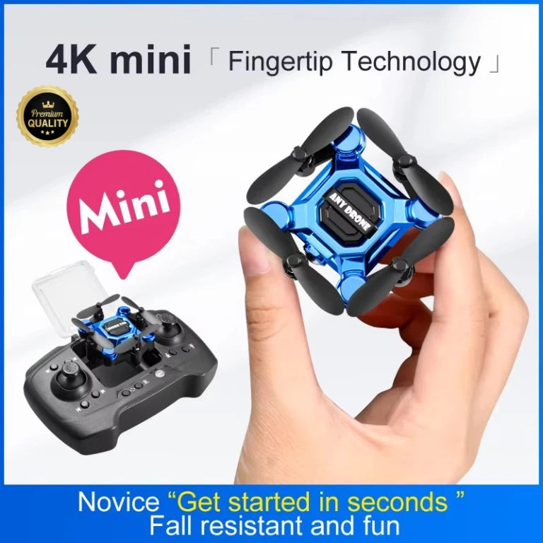 Blue and black mini folding quadcopter drone with camera, held in hand with controller