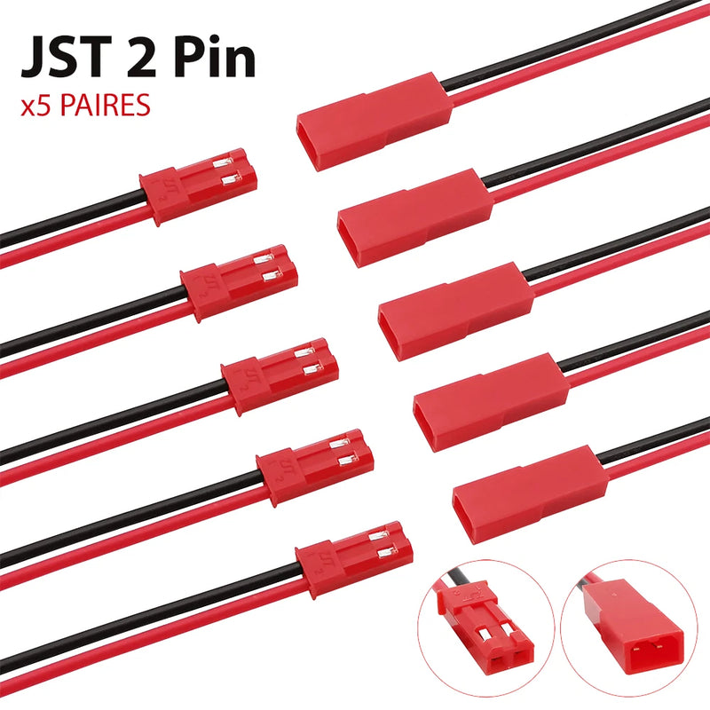 (5 paires) Connecteur JST 2 Broches M?le Et Femelle Plug avec cable 10cm lot