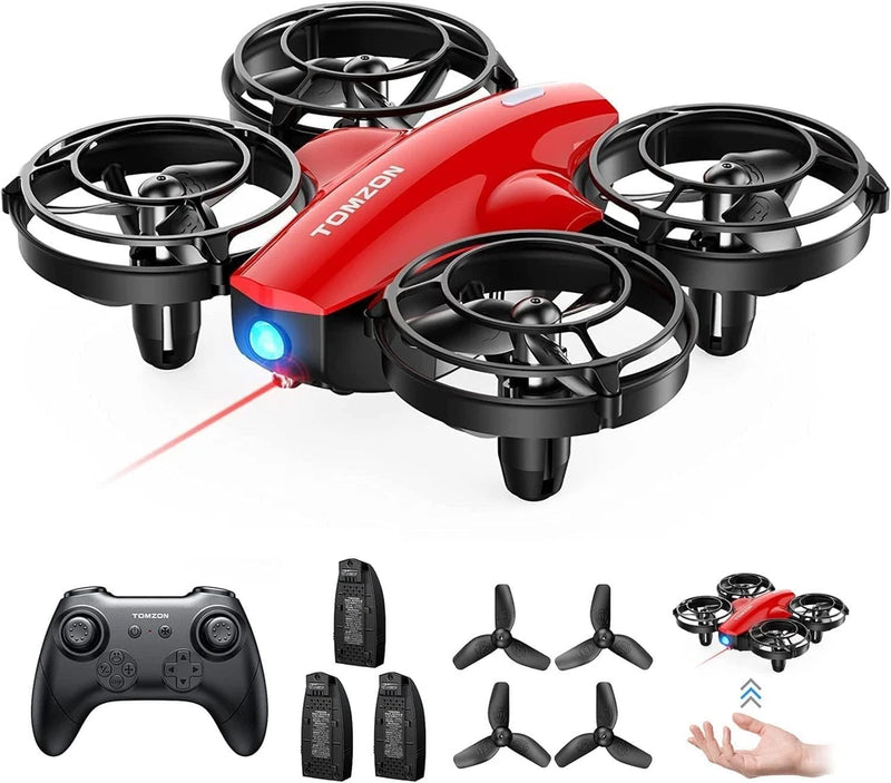Red quadcopter drone with four propellers, controller, and spare batteries