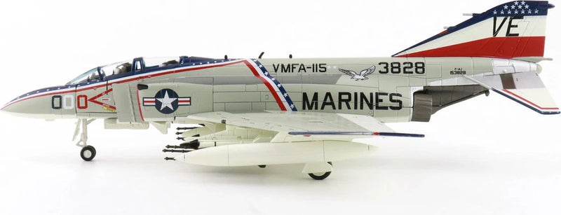Gray 1:72 F-4J Phantom II model jet with US Marines decals, landing gear down