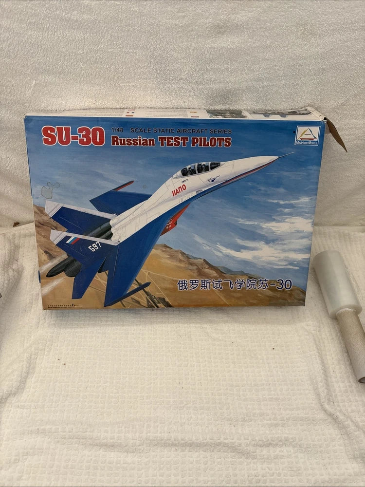 SU-30 Russian test pilots 1/48 jet fighter model kit box, blue and white