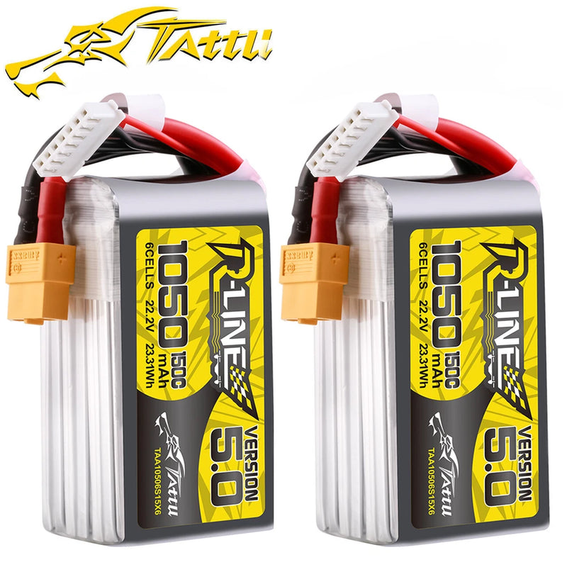 2X Tattu R-Line Version 5.0 1050mAh 22.2V 150C 6S Lipo Battery XT60 Plug For FPV