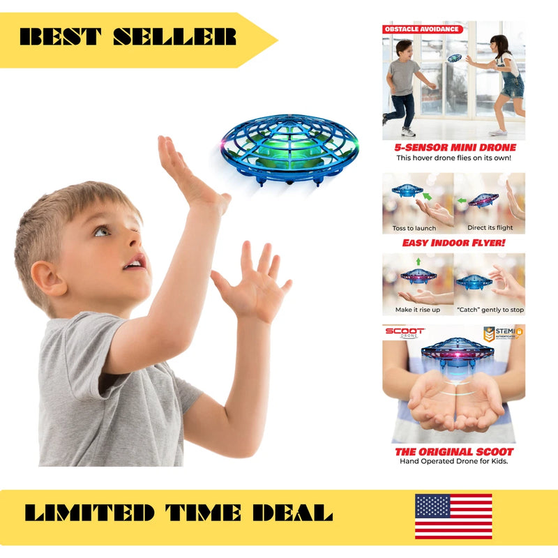 Hand-operated mini drone with blue lighted circular propeller ring