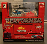 Remote control helicopter toy in retail box; blue helicopter with lights, ages 8+.