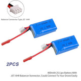 2pcs 400mAh 2S 7.4V 30C LiPo Battery Pack W/ JST Plug for Micro FPV Racing Drone